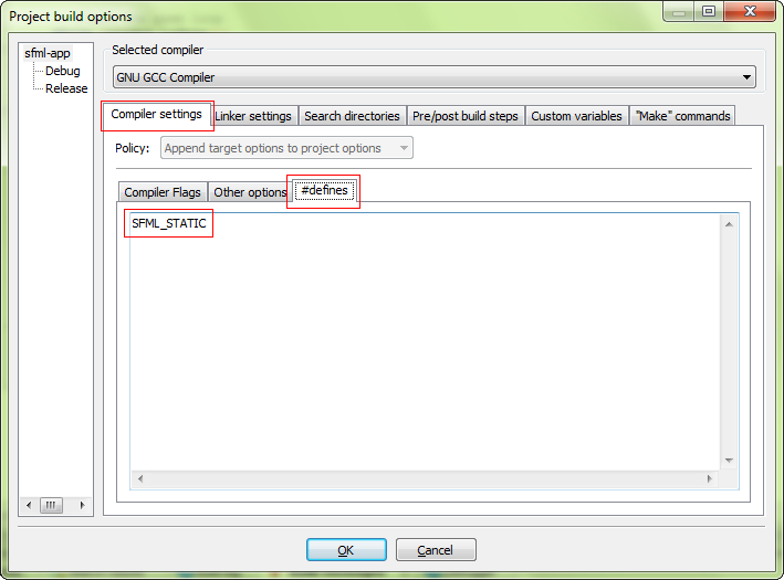 Screenshot of the dialog box for defining the SFML_STATIC macro